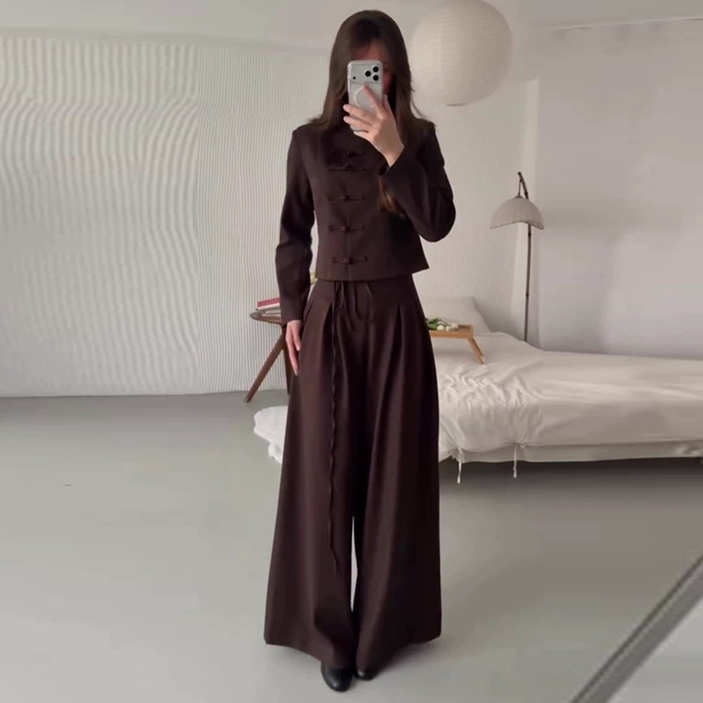 Forever 21 Elegant Wide-Leg Pants Suit Fitted Dark Brown
